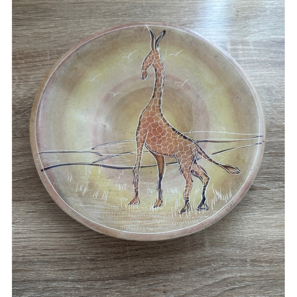African Giraffe Hand Carved and Painted Stone Plate 8" Made in Kenya